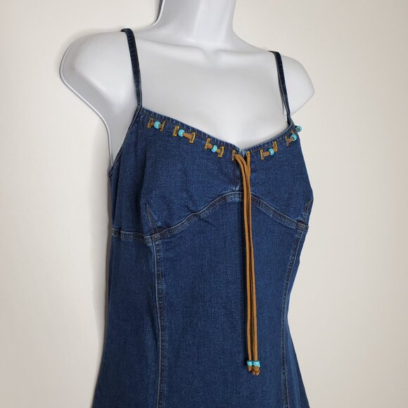 A List By Wrapper Womens Denim Turquoise Beaded Fringe Dress Size M Western Y2K - Picture 2 of 11